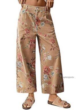 Mid Rise Cropped Wide Leg Floral Print Jeans Distressed Denim Capris